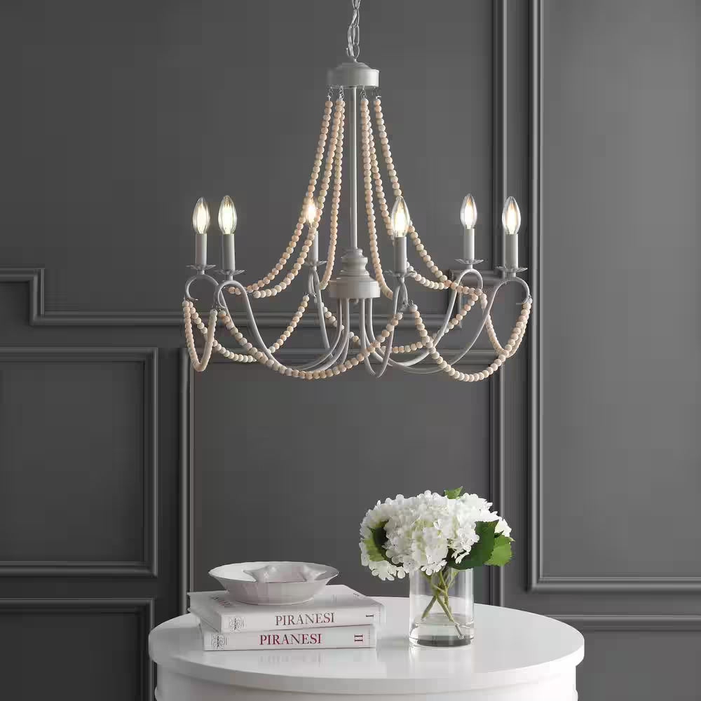 Rustica 6-Light 27 In. Grey/Natural Adjustable Greige Metal/Wood Bead LED Chandelier