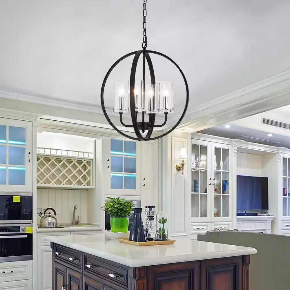 Springfield 4 -Light Shaded Globe Black Chandelier with Wrought Iron Accents