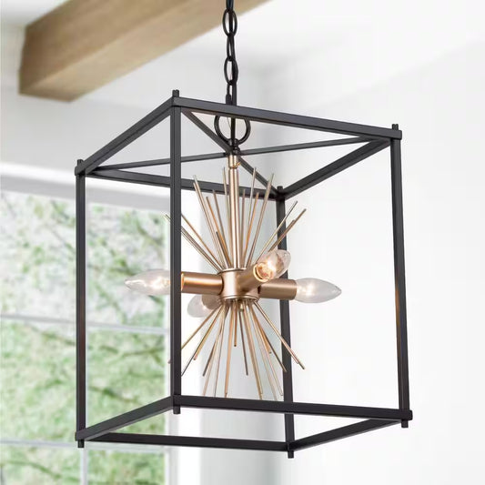 Transitional Kitchen Island Pendant Light 4-Light Black and Brass Cage Pendant Light