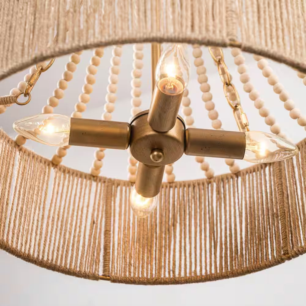 Farmhouse 17.7 In. 4-Light Antique Gold Empire Wood Beaded Chandelier with Jute Rope Shade