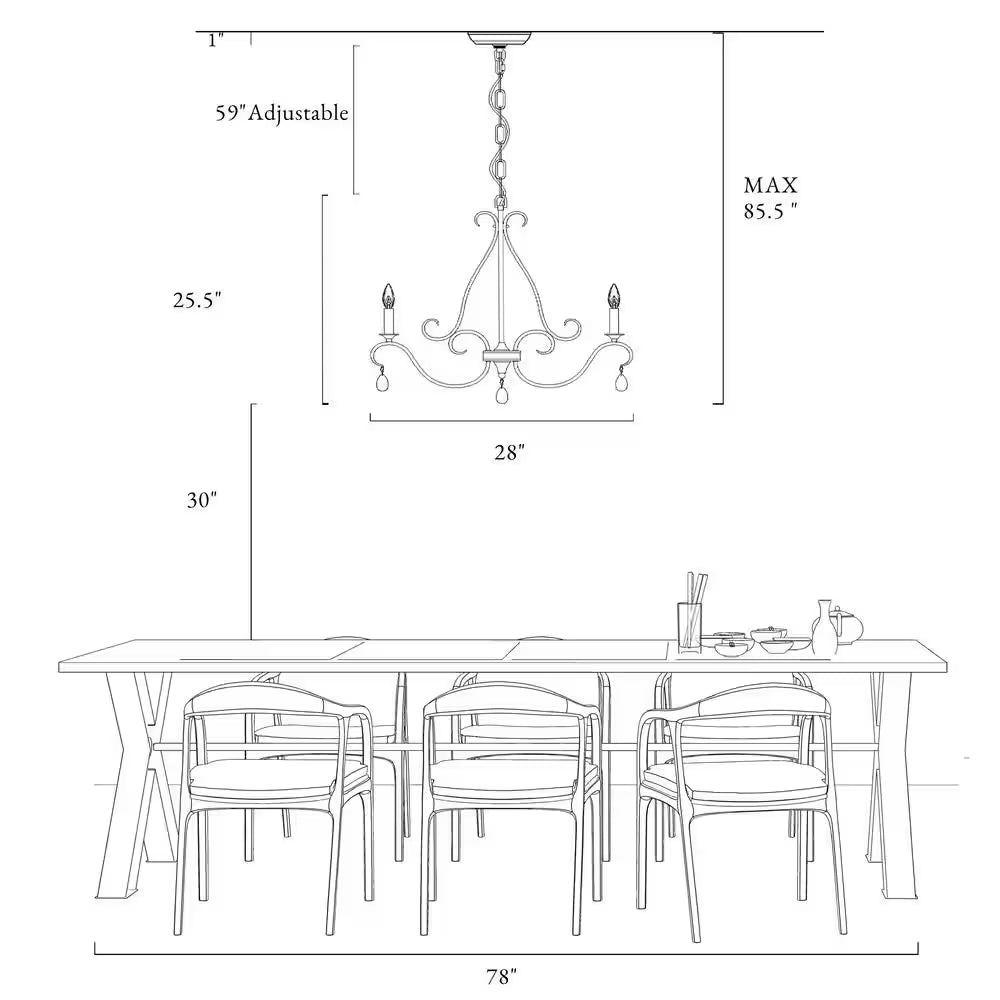 28 In. 6-Light Rusted Bronze Classic Candlestick Chandelier with Crystal Drops Modern Farmhouse Island Pendant