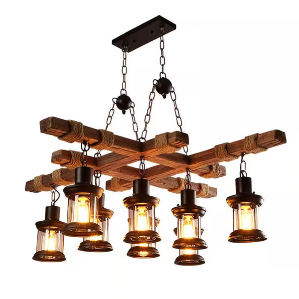39 In. 8-Light Vintage Industrial Brown Wooden Farmhouse Chandelier