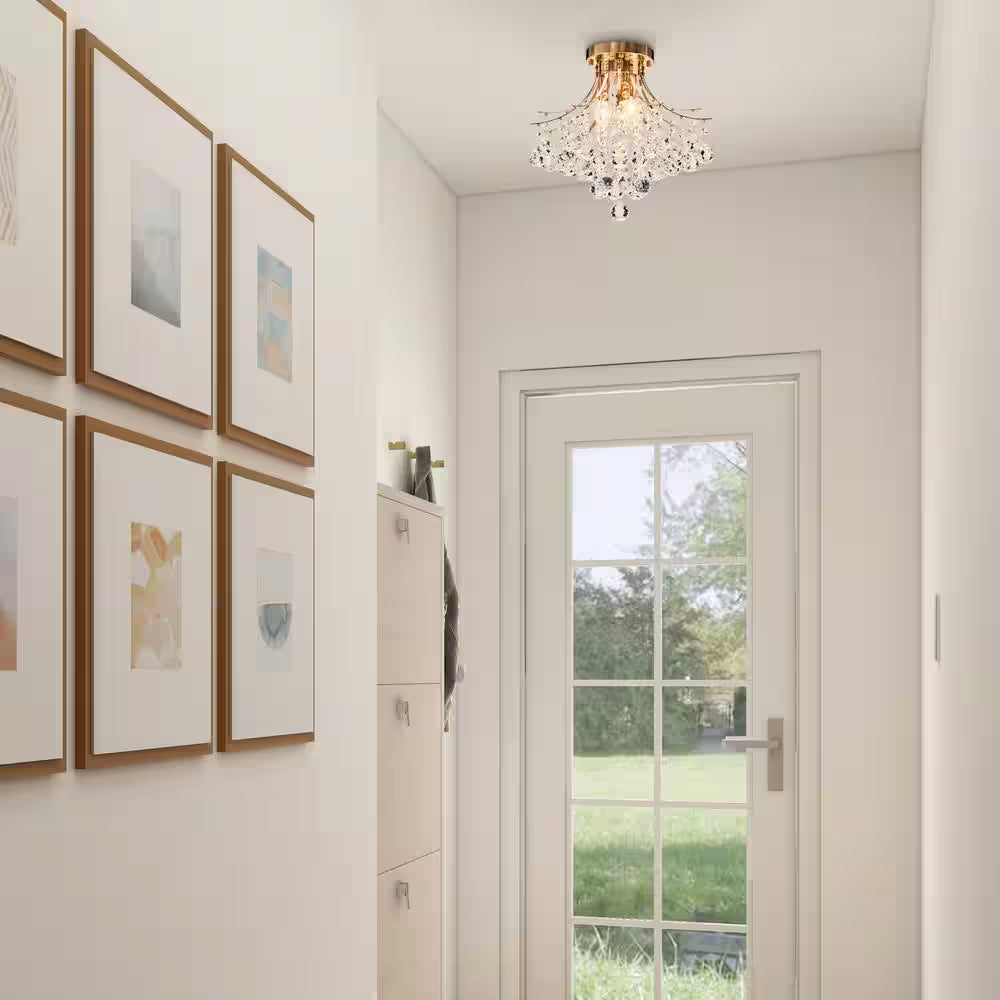 15.4 In. 3-Light Gold Crystal Chandelier Flush Mount Ceiling Light Fixture