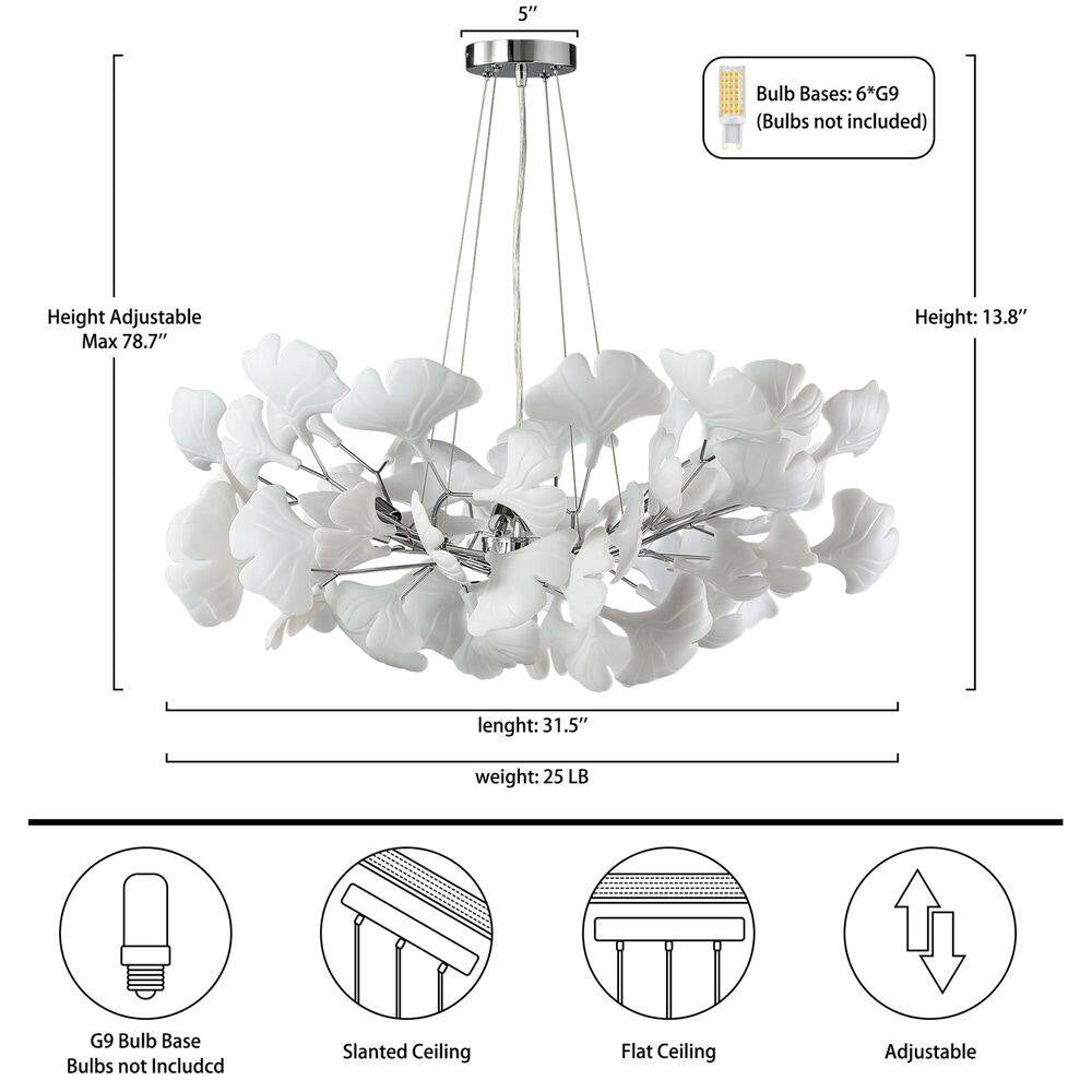 6 Light Silver Chandelier, Luxury Ginkgo Branch Chandelier for Living Room, Dining Room, Foyer, Kitchen Island-L31 In.