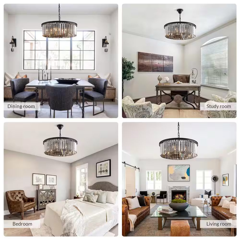 22 In. 6-Light Black Farmhouse Pendant Light Fixtures Crystal Drum Chandelier Dining Room Pendant Lighting