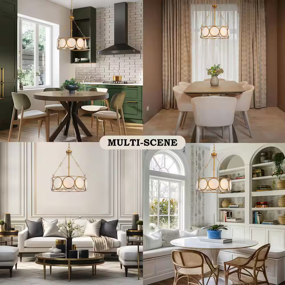 3-Light Antique Gold Modern Pendant Light, Frosted Glass round Chandelier, Transitional Dining Room Drum Chandelier