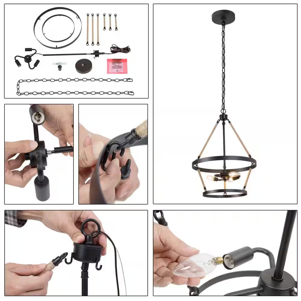 Black Chandelier Drum Candlestick 3-Light Industrial Farmhouse Island Cage Hanging Pendant Light with Ropes