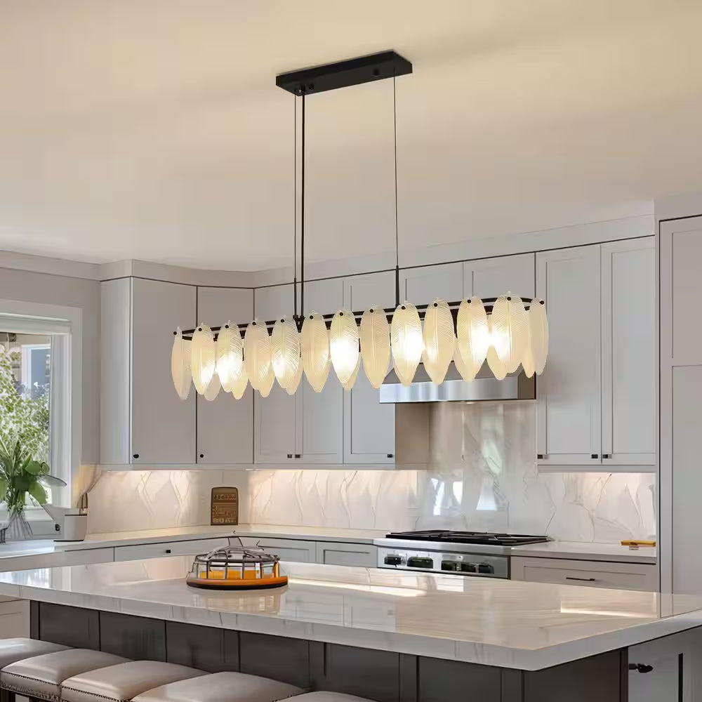 5-Light Black and Frosted Glass Leaf Linear Chandelier for Kitchen Island Dining Bedroom Living Room Foyer