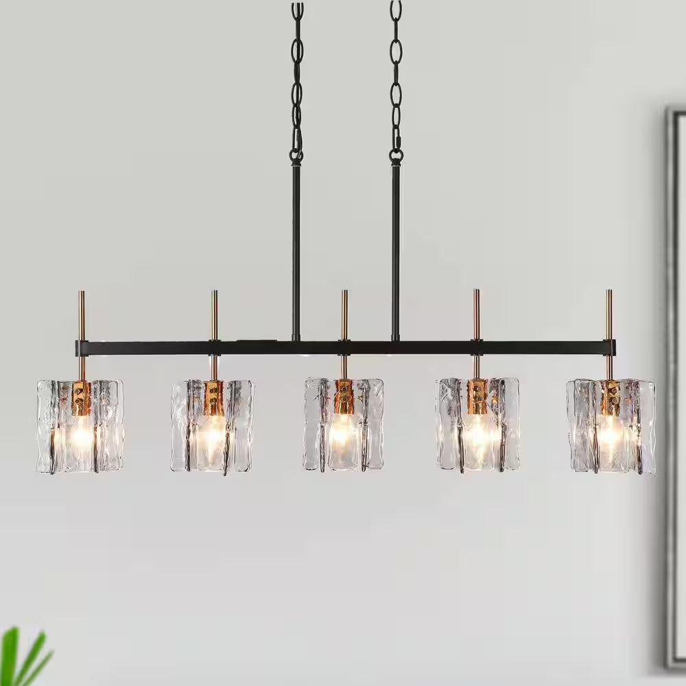 Echonalyri Modern 5-Light Glam 35.4 In. W Black and Brass Island Chandelier with Geometric Gray Textured Glass Shades
