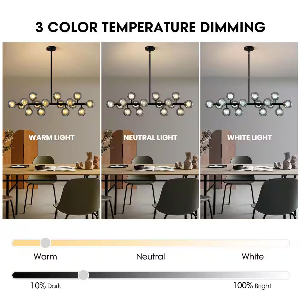 40 In. 16-Light Modern Black Dimmable Bubble Glass Sputnik Glass Globe Chandelier for Dining Room and Living Room