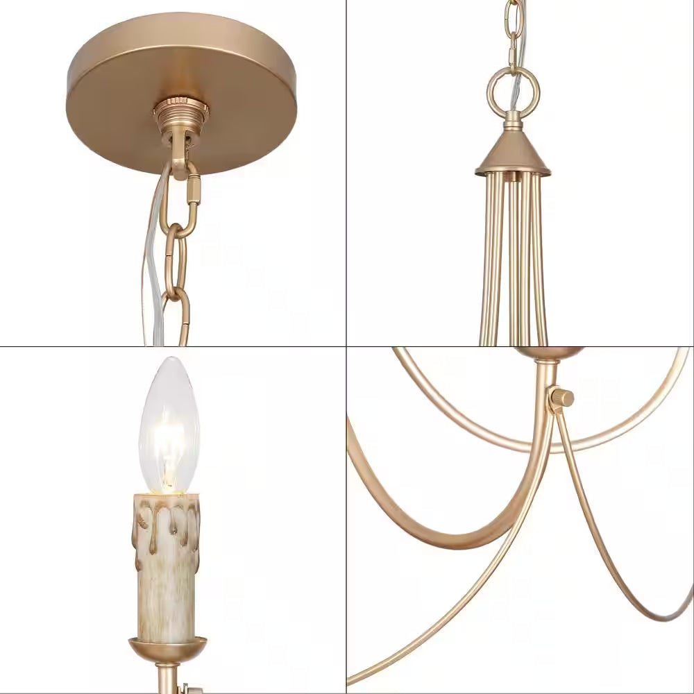 Modern Satin Gold French Country Farmhouse 5-Light Chandelier Vintage Candlestick High Ceiling Light