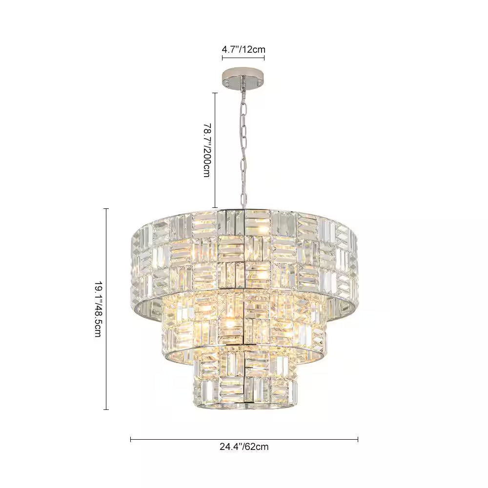 Luz 11-Light 3-Tier round Crystal Chandelier Chrome Finish round with Crystal for Living Room