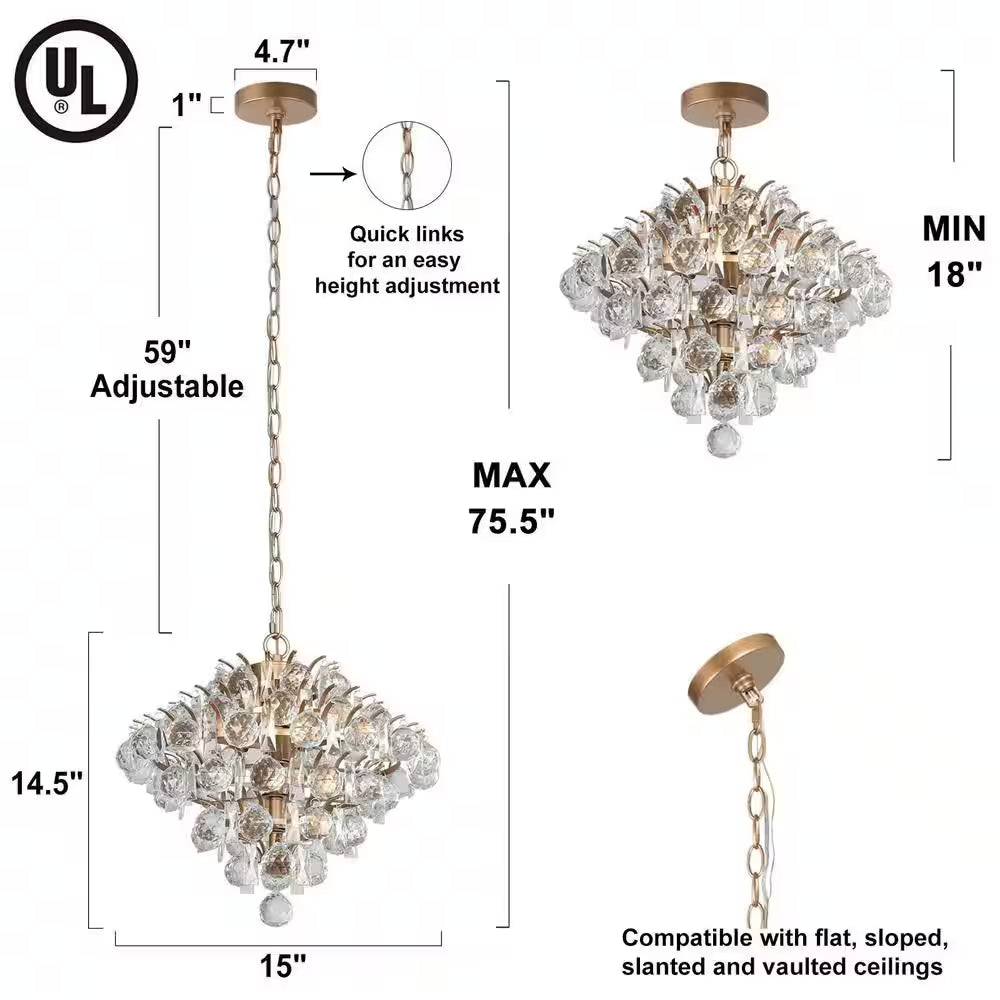 Drops Crystal Chandelier, 3-Light Modern Farmhouse Gold Kitchen Chandelier Pendant Light for Dining Living Room
