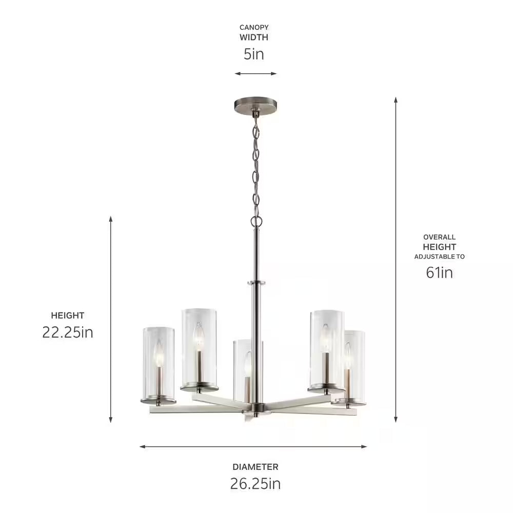 Crosby 26.25 In. 5-Light Brushed Nickel Contemporary Candlestick Cylinder Chandelier for Dining Room