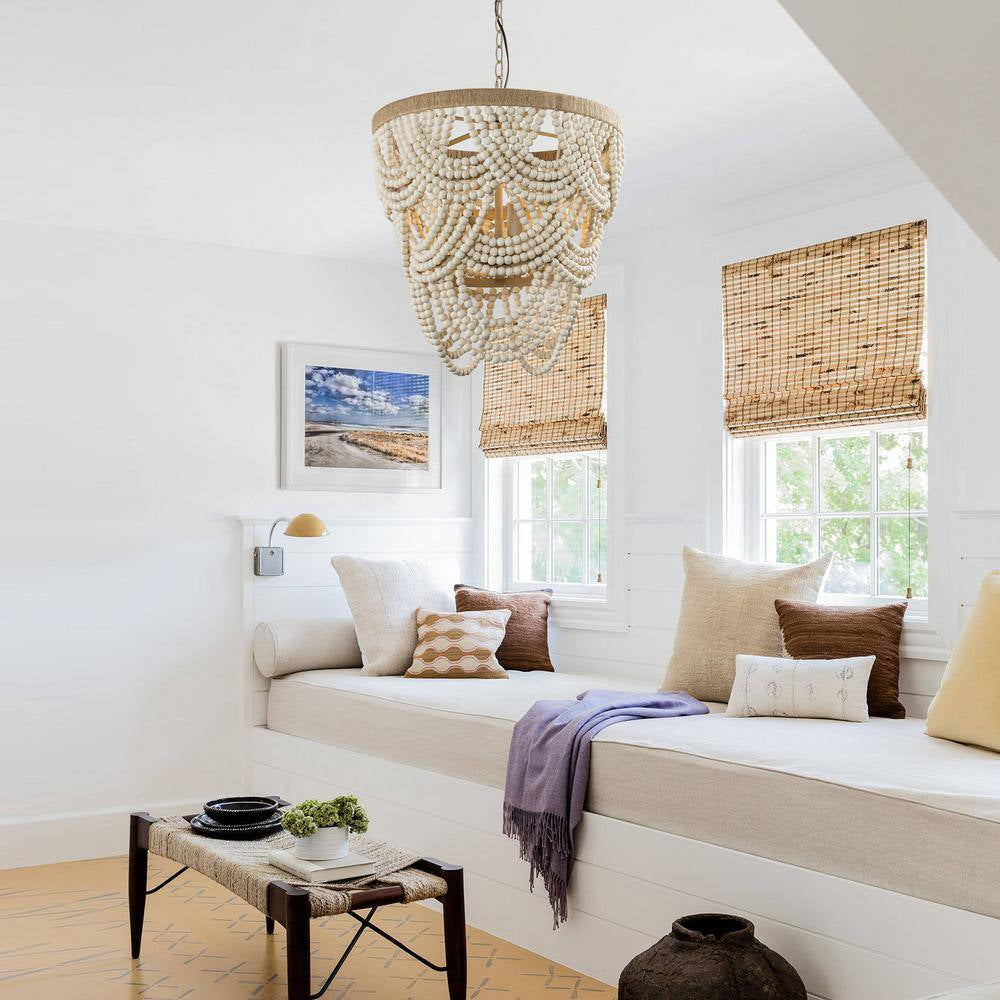 Modern Boho Dining Room Chandelier 4-Light Distressed White Island Chandelier with Wood Beads and Rope