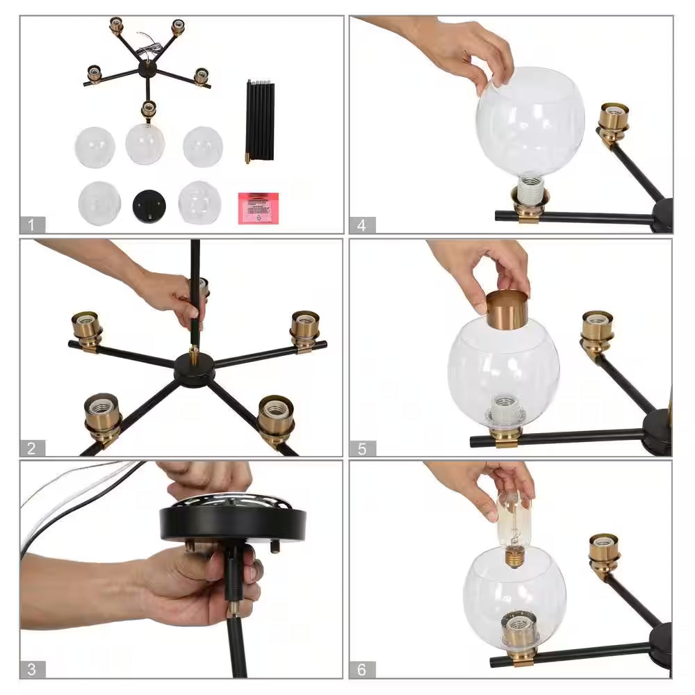 Transitional Sputnik Dining Room Chandelier 5-Light Modern Black and Gold Candle Chandelier with Seeded Glass Shades