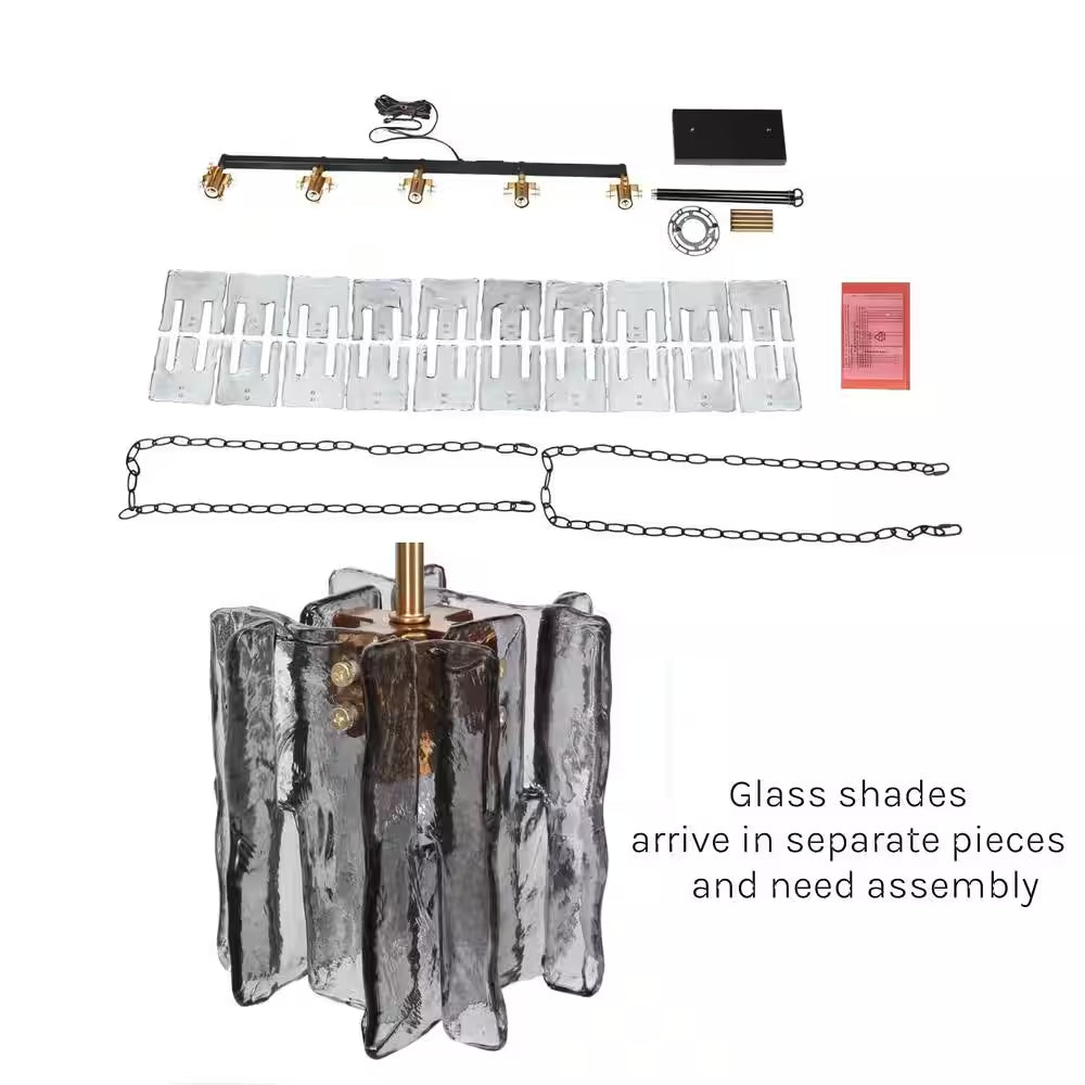 Echonalyri Modern 5-Light Glam 35.4 In. W Black and Brass Island Chandelier with Geometric Gray Textured Glass Shades