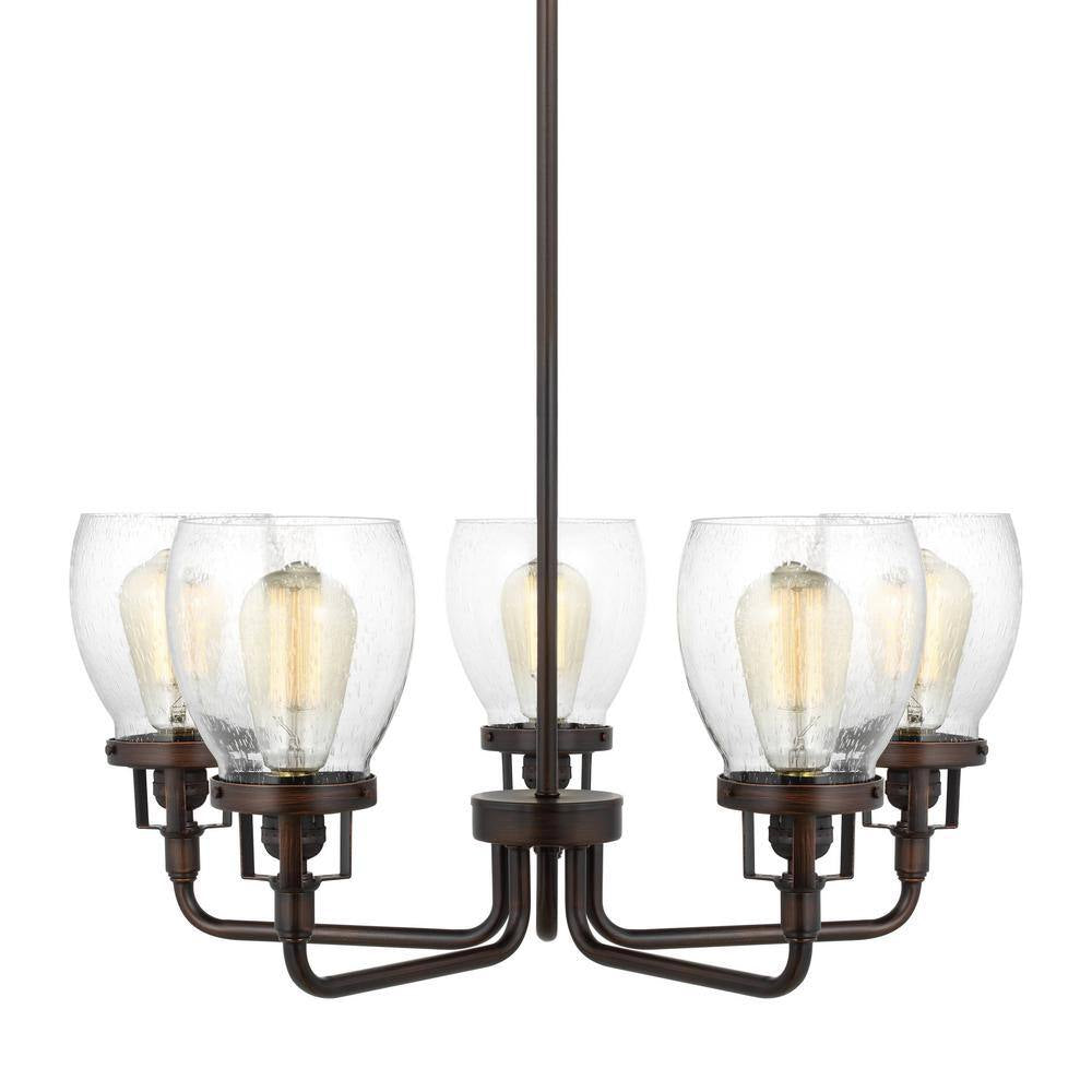 Belton 5-Light Bronze Transitional Industrial Hanging Chandelier with Clear Seeded Glass Shades