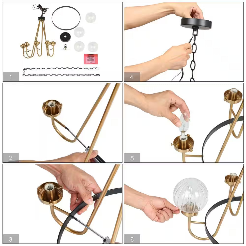 5-Light Brass Chandelier Lighting, Sputnik Pendant Lights for Kitchen Island, Modern Black Chandelier with round Glasses