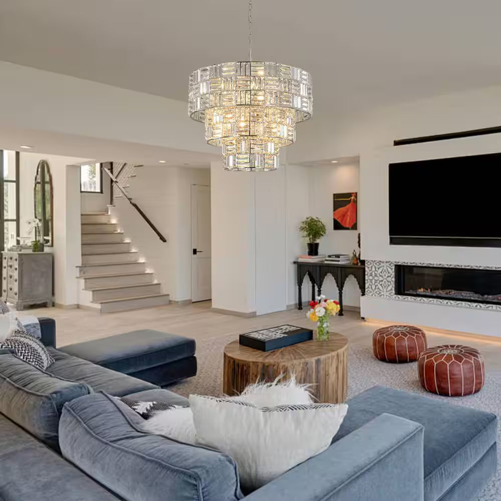 Luz 11-Light 3-Tier round Crystal Chandelier Chrome Finish round with Crystal for Living Room