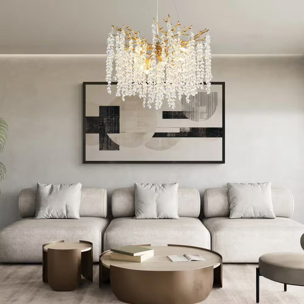 24" 8-Light Modern Crystal Chandelier, Gold Tree Branch round Chandelier for Dining Room, Living Room, Bedroom, Entryway