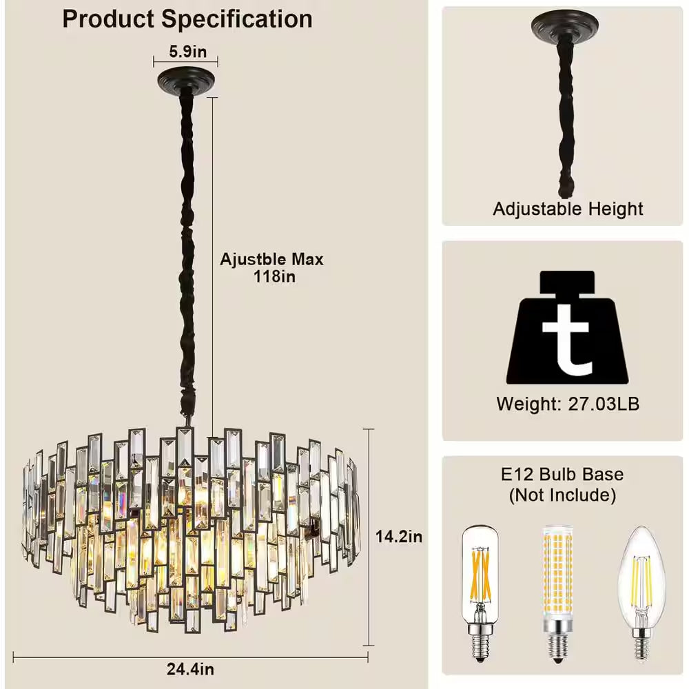 24 In. Modern Chandelier 10-Light 3-Tier Black round K9 Crystal Chandelier for Dining Room, Living Room Entryway & Foyer