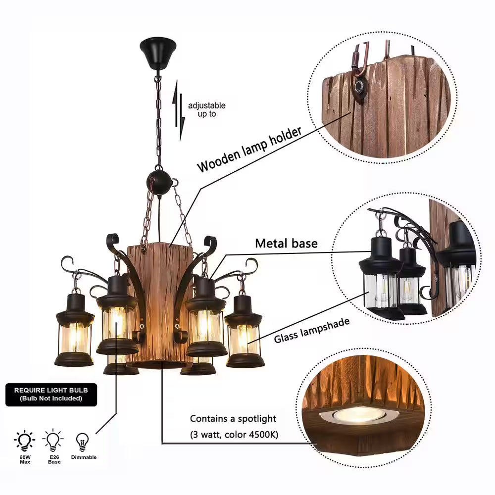 23 In. 6-Light Black Retro Rustic Wooden Chandelier for Dining Room, No Bulbs Included