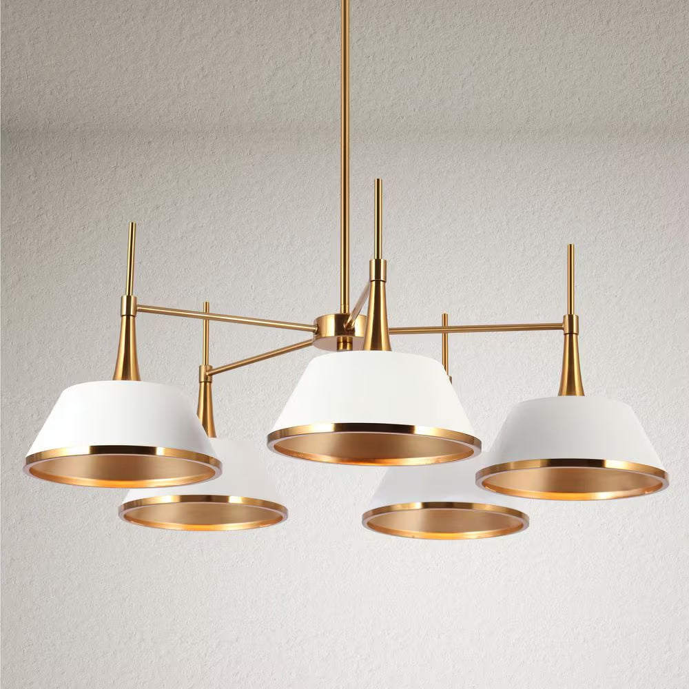Modern 5-Light Matte White and Plated Brass Chandelier Contemporary Island Ceiling Light with Bell Shade for Living Room