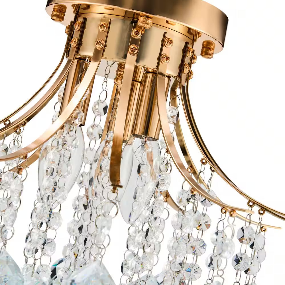 15.4 In. 3-Light Gold Crystal Chandelier Flush Mount Ceiling Light Fixture