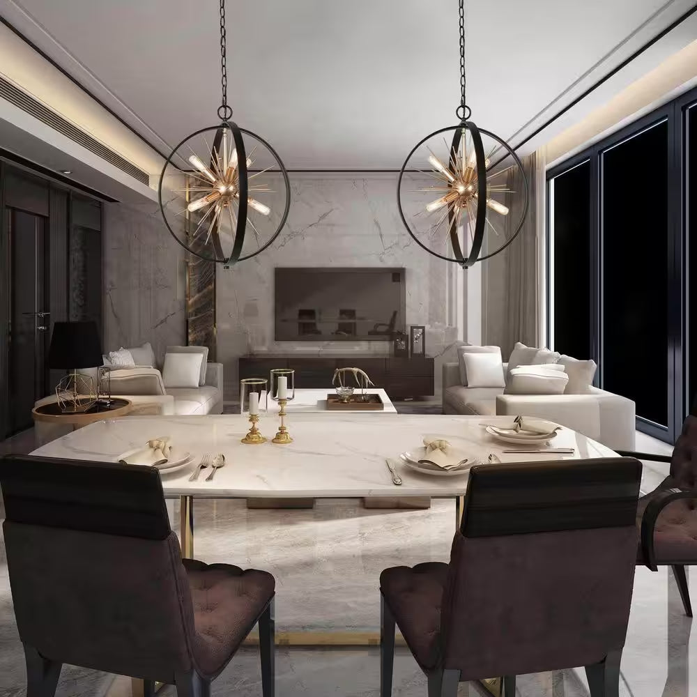 Modern Globe Chandelier Pendant Light Cali 6-Light Black & Brass round Dining Room Chandelier
