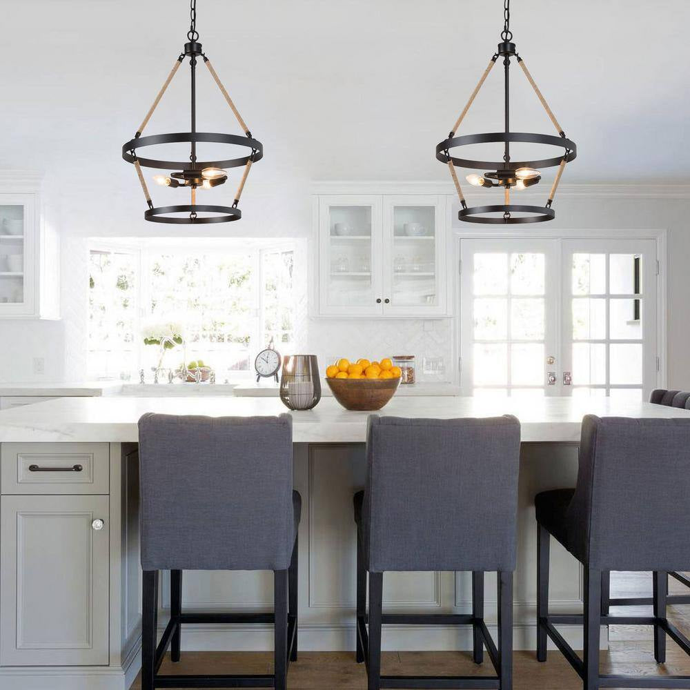 Black Chandelier Drum Candlestick 3-Light Industrial Farmhouse Island Cage Hanging Pendant Light with Ropes