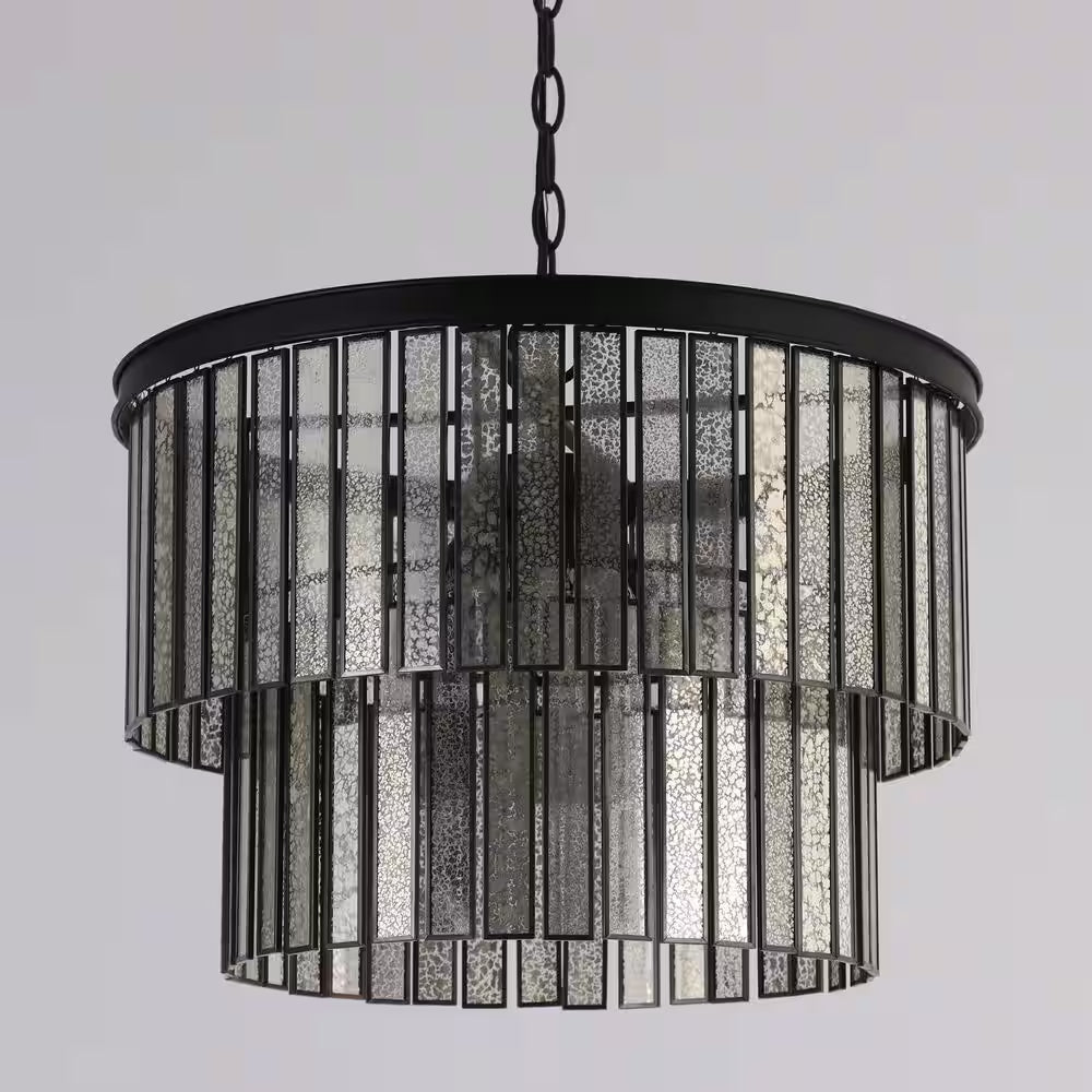 Hemera 4-Light Black Modern Drum Chandelier with 2-Tier Plated Mercury Glass Shade Living Room Silvered Hanging Light