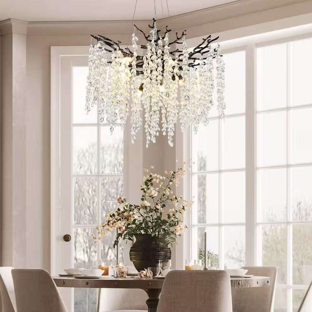 24" 8-Light Modern Crystal Chandelier Black Tree Branch round Chandelier for Dining Room, Living Room, Bedroom, Entryway