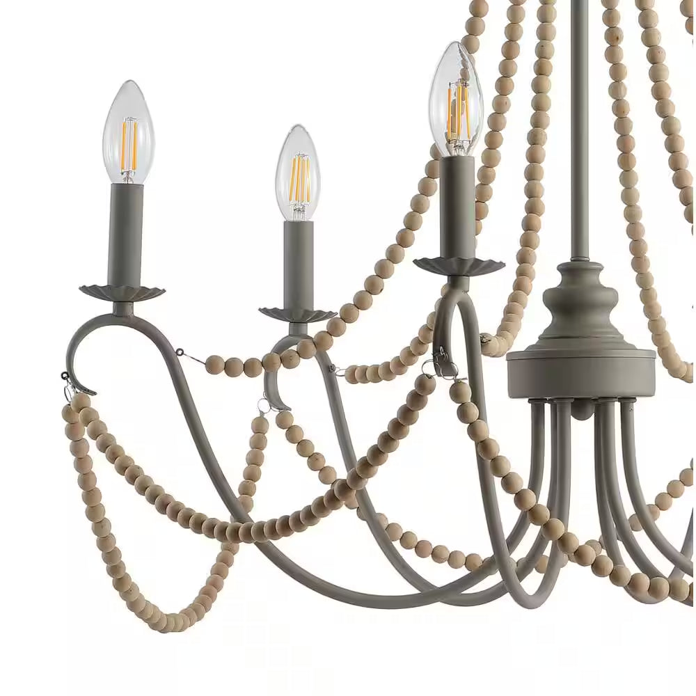 Rustica 6-Light 27 In. Grey/Natural Adjustable Greige Metal/Wood Bead LED Chandelier