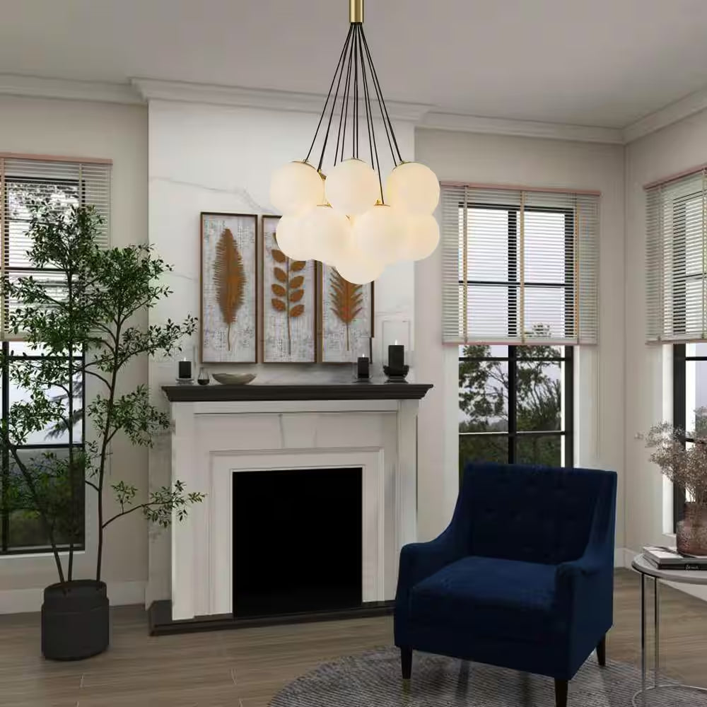 Galaxy Modern Globefoyer Chandelier 13-Light 19.7 In. W Antique Brass Cluster Bubble Chandelier with Opal Glass Shade