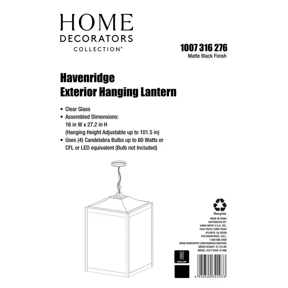 Havenridge 4-Light Matte Black Outdoor Chandelier with Clear Glass (1-Pack)