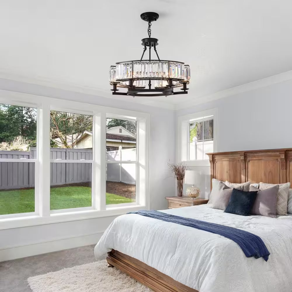 Modern Crystal Chandelier 26 In. 6-Light Black Drum Pendant Lighting Ceiling Semi Flush Mount
