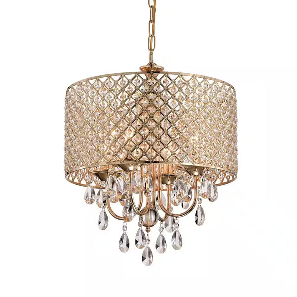 Marya 4-Light Modern Gold round Chandelier with Beaded Drum Shade /Hanging Clear Glass Crystals
