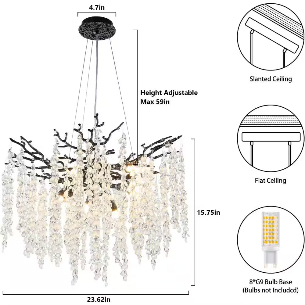24" 8-Light Modern Crystal Chandelier Black Tree Branch round Chandelier for Dining Room, Living Room, Bedroom, Entryway