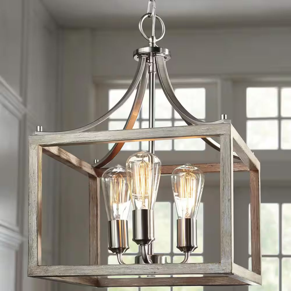 Boswell Quarter 14 In. 3-Light Brushed Nickel Farmhouse Square Chandelier with Painted Weathered Gray Wood Accents