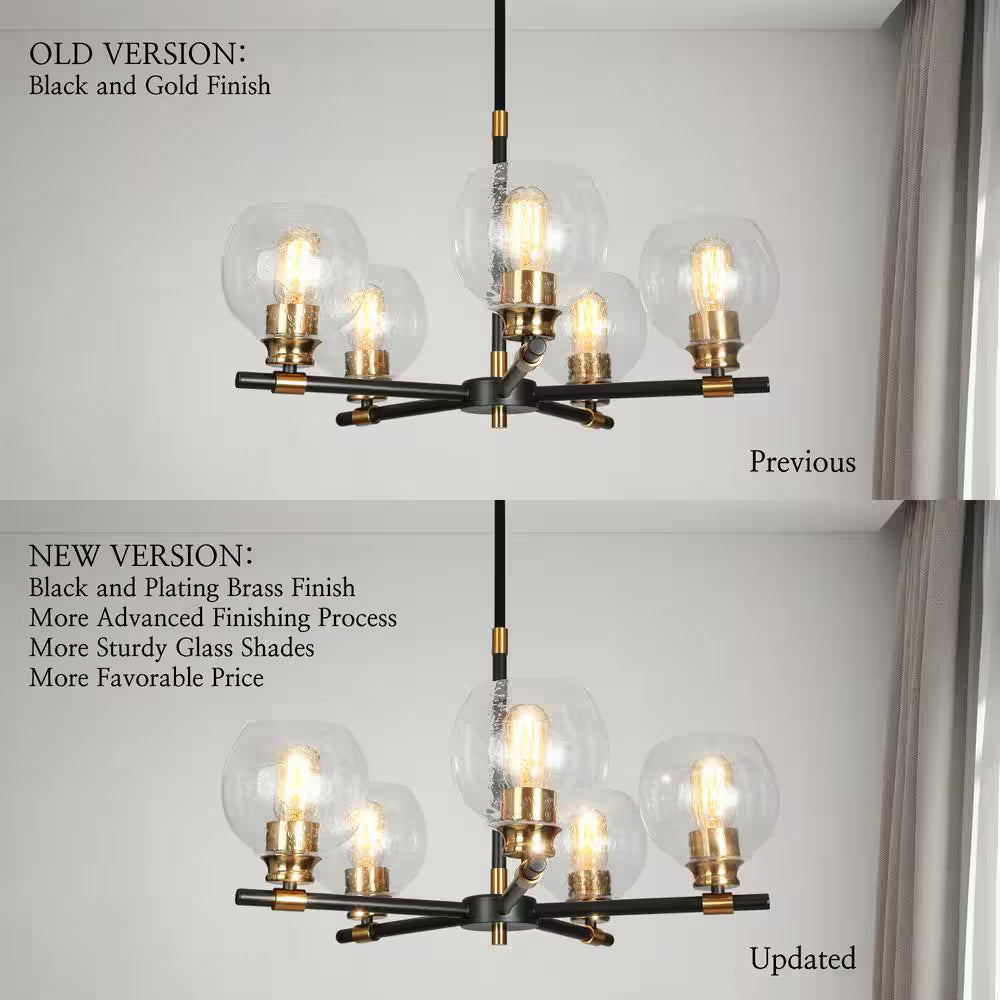 Transitional Sputnik Dining Room Chandelier 5-Light Modern Black and Gold Candle Chandelier with Seeded Glass Shades