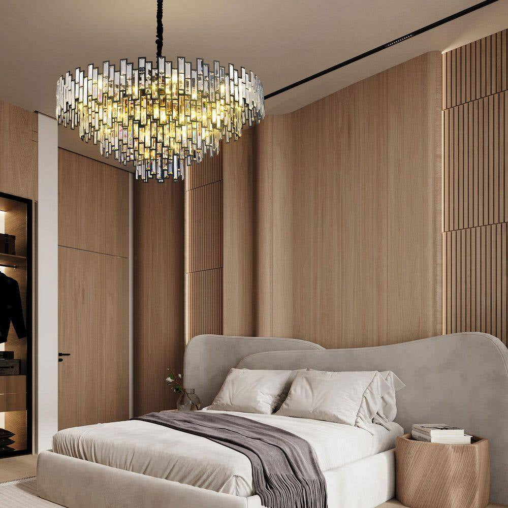 38.5 In. Modern Chandelier 26-Light 5-Tier Black round K9 Crystal Chandelier for Dining Room Living Room Entryway, Foyer