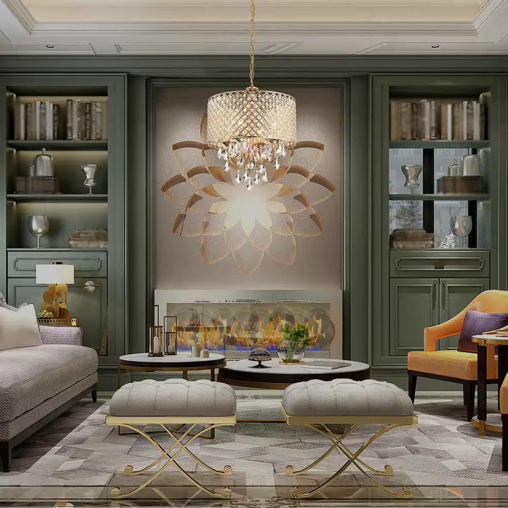 Marya 4-Light Modern Gold round Chandelier with Beaded Drum Shade /Hanging Clear Glass Crystals