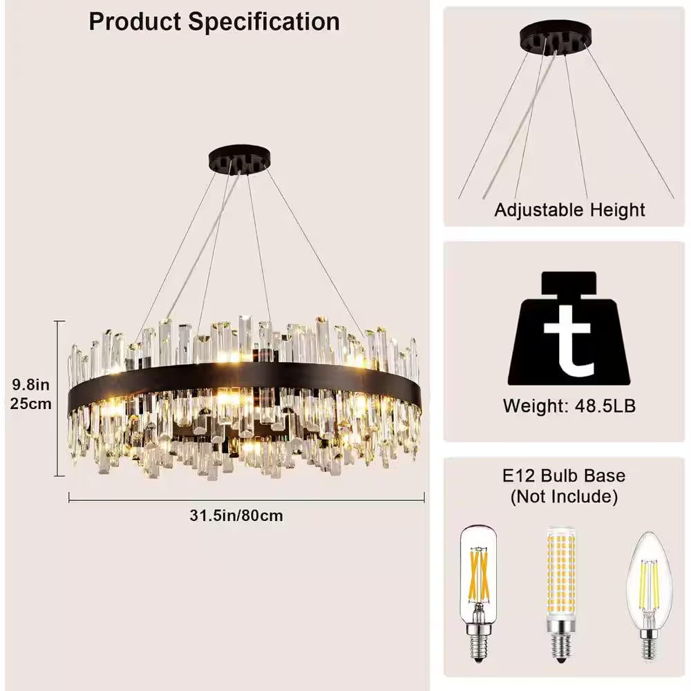 31.5 In. 16-Light Black Crystal Chandelier, Modern round K9 Crystal Hanging Pendant Ceiling Light Fixture