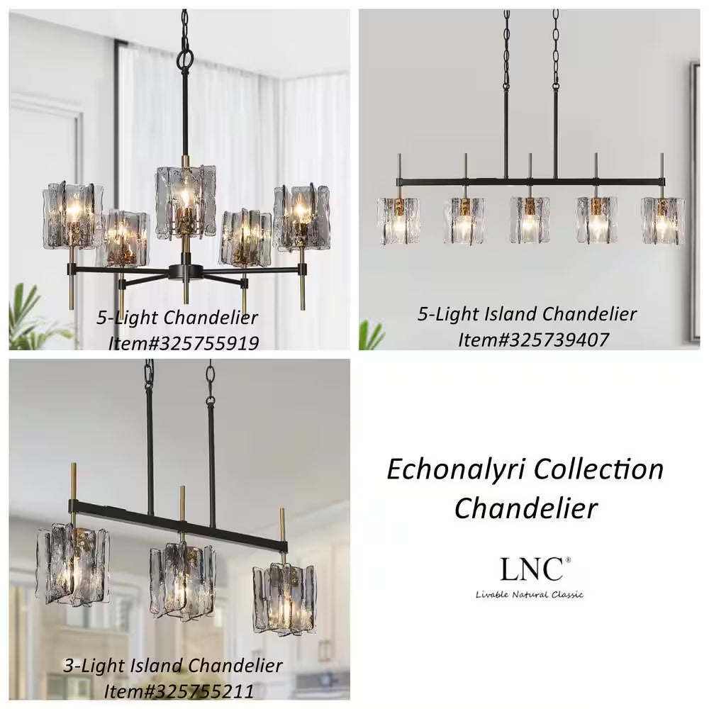Echonalyri Modern 5-Light Glam 35.4 In. W Black and Brass Island Chandelier with Geometric Gray Textured Glass Shades