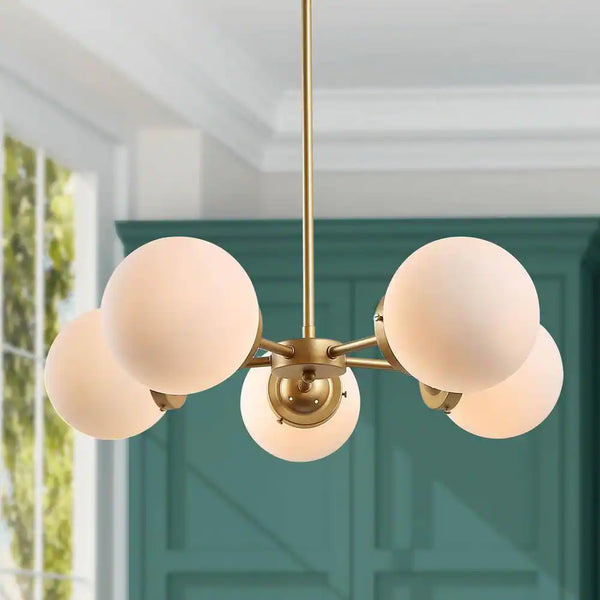 Modern Globe Dining Room Chandelier 5-Light Gold Sputnik Chandelier with Frosted Glass Shades