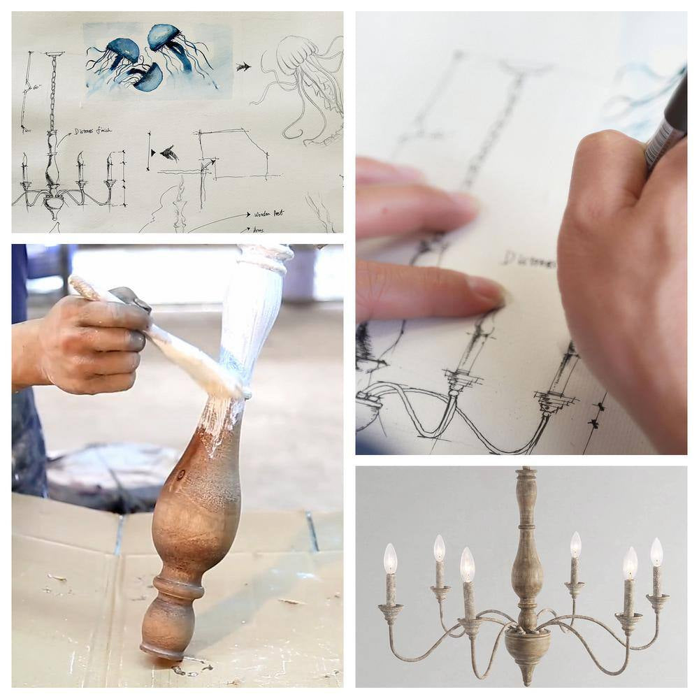 Wood Candlestick Chandelier 6-Light Distressed White Island Farmhouse Chandelier Rustic Pendant for Foyer with Open Arms