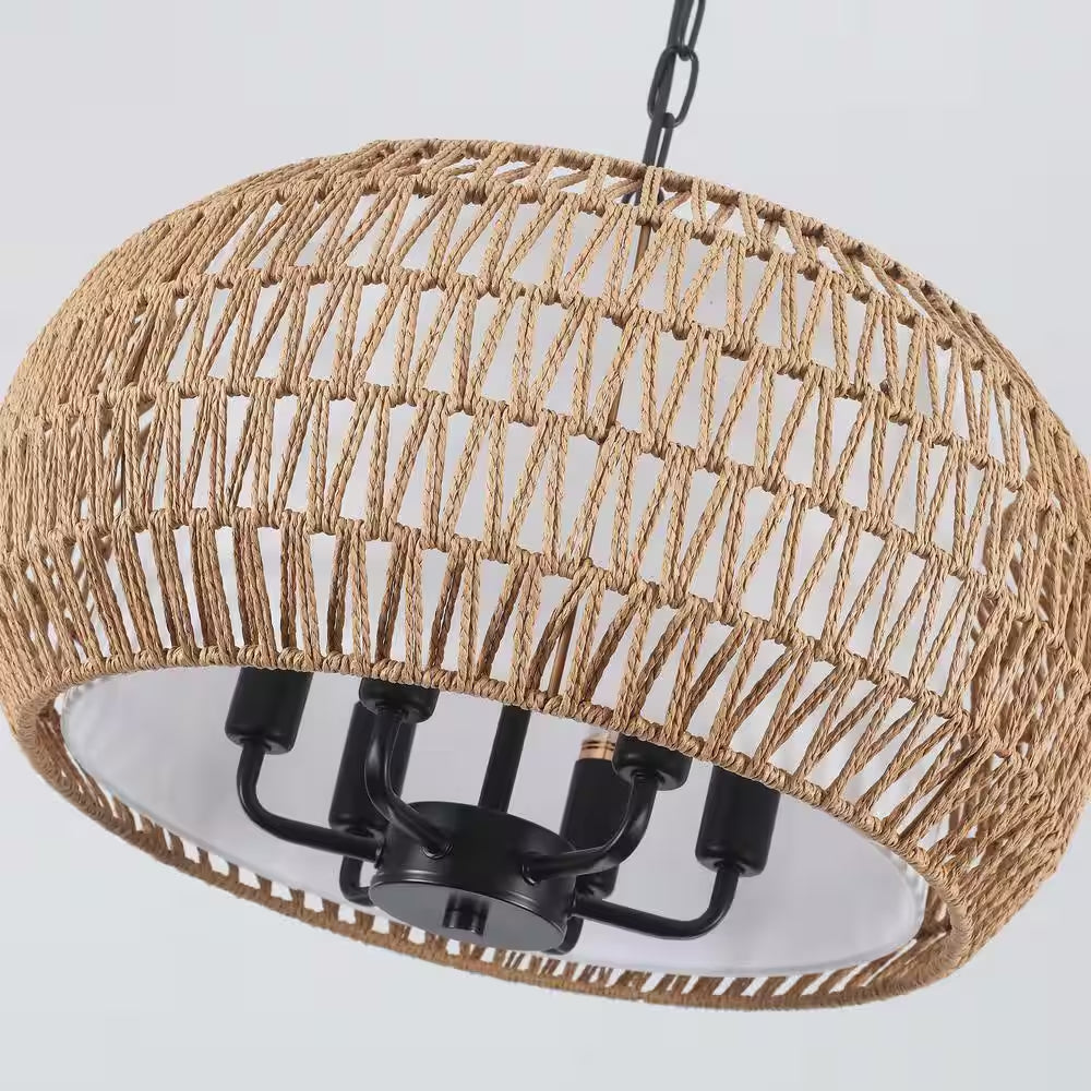 6-Light Black Bohemian Drum Chandelier with Straw Woven Shade for Kitchen Island