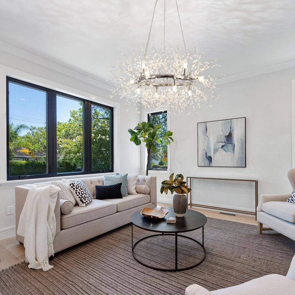 12-Light Chrome Modern Dandelion Crystal Chandelier for Dining Room and Living Room