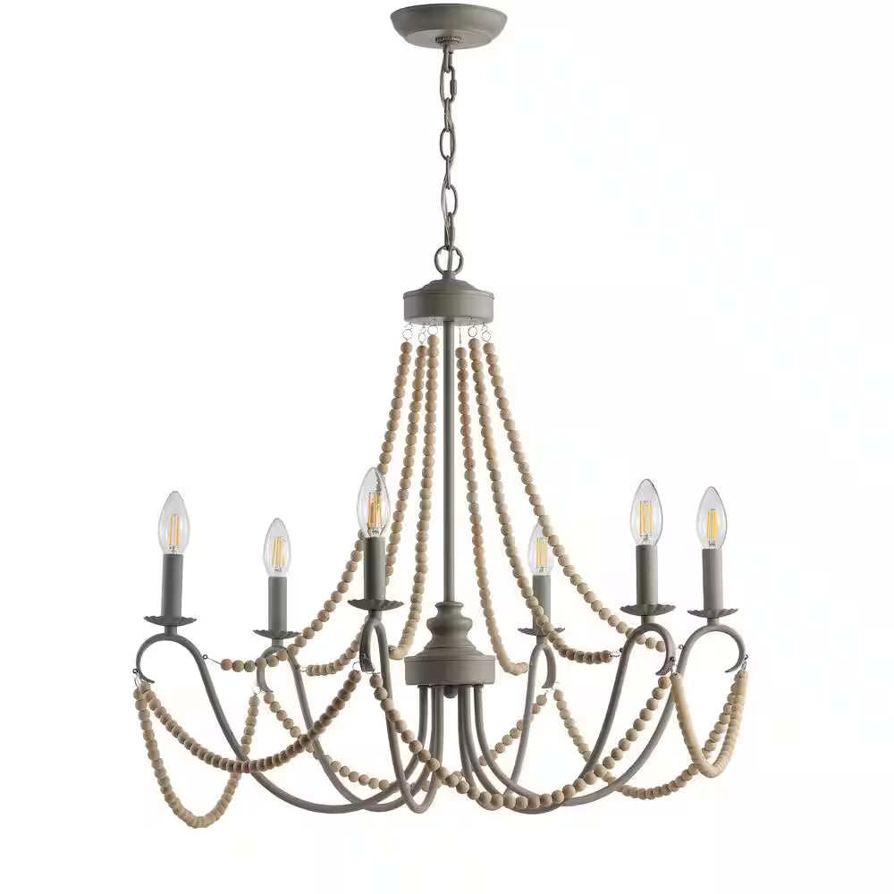 Rustica 6-Light 27 In. Grey/Natural Adjustable Greige Metal/Wood Bead LED Chandelier